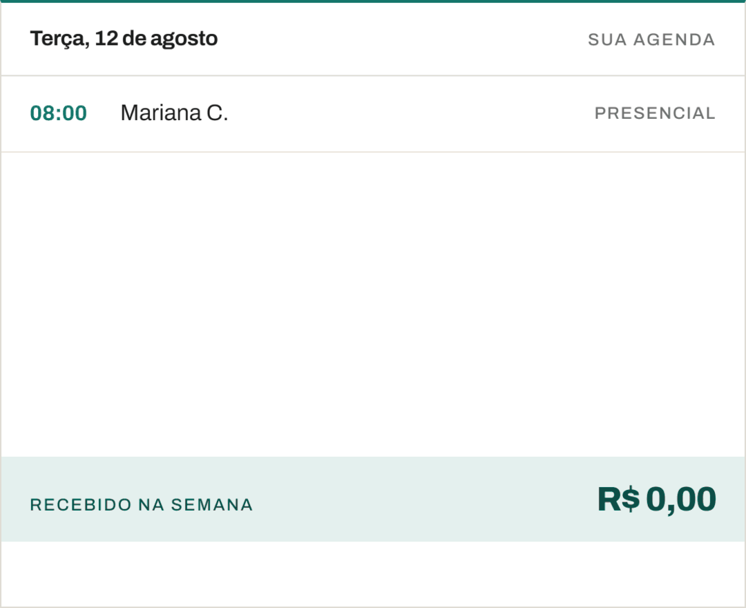 A agenda de uma terça-feira se preenchendo: seis sessões entram uma a uma, o recebido da semana sobe até R$ 900,00 e o recibo do mês sai emitido.